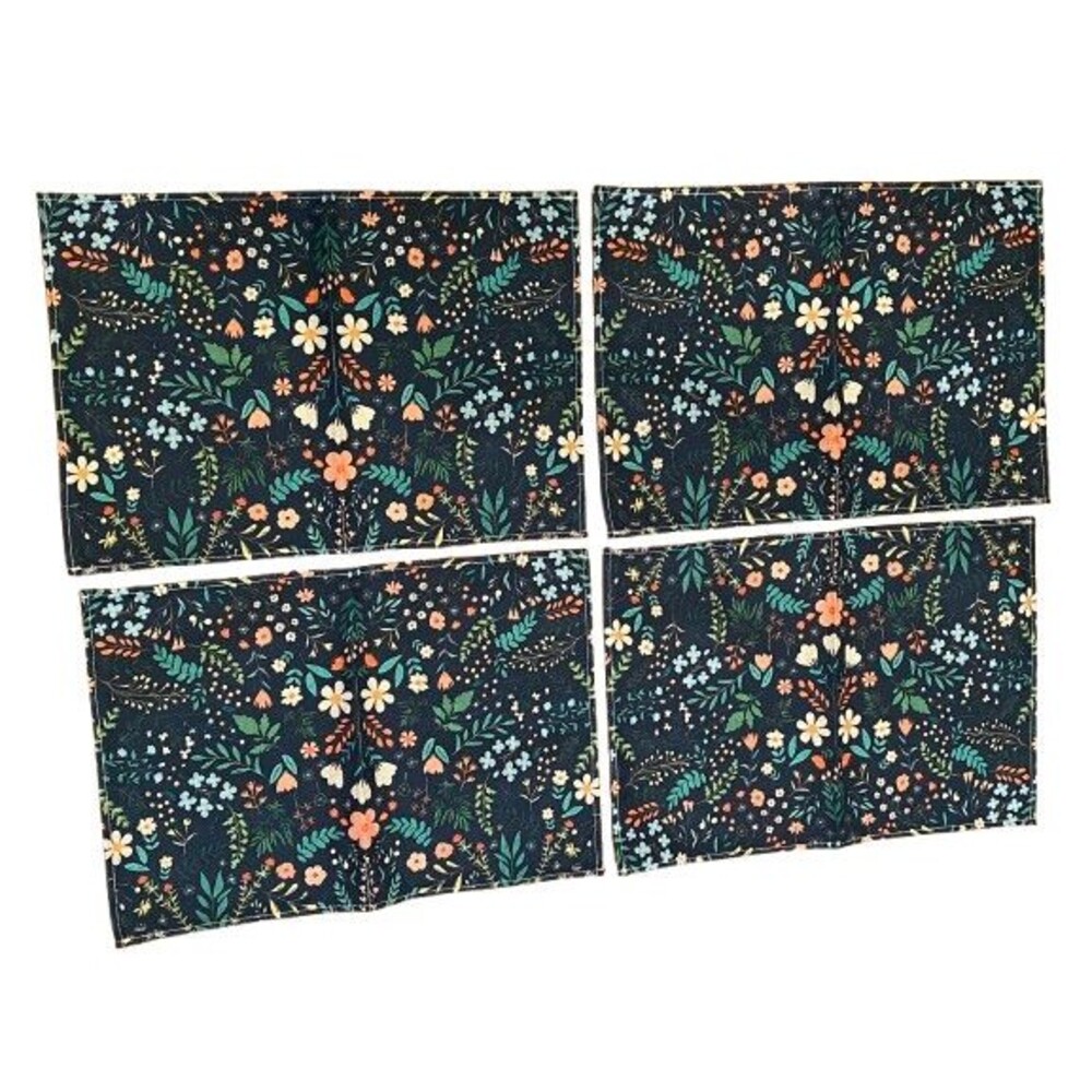 4 Piece Placemat Set 12x18in Woven Polyester Blue Floral Leaves